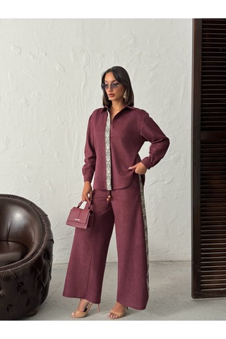 Verymoda Şerit Detaylı Scuba Süet Pantolon F1972 Bordo