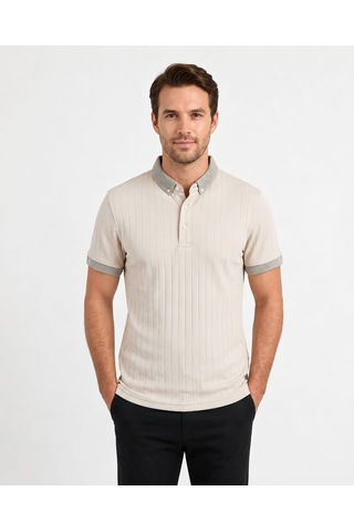 Özeniş Erkek Polo Yaka Slim Fit Çizgili Desen Kaşkorse T-shirt Bej