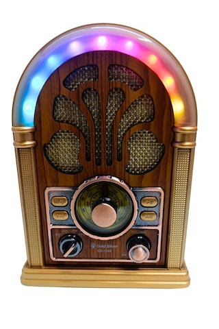 Gold Silver Gs-1380 Rgb Led Işıklı Nostaljik Ahşap Radyo Şarjlı Bluetooth Hoparlör Tws Usb Tf