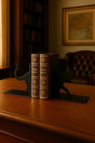 Kedi Figürlü Metal Kitap Tutucu 2 Li Set Dekoratif Hayvan Temalı Kitaplık Aksesuarı