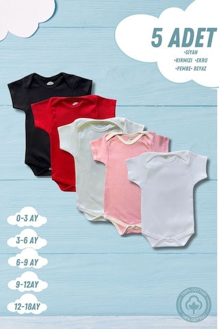 Betül Bebek Kısa Kollu 5'li Organik Pamuk Çıtçıtlı Bebek Body&zıbın Siyah,kırmızı,ekru,pembe,beyaz Çok Renkli