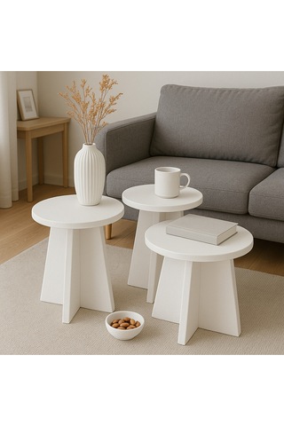 3 Lü Orta Sehpa Seti, 40 Cm, 32 Cm, 28 Cm Çaplı, Yükseklik 43 Cm, 39 Cm, 35 Cm İskandinav Beyaz