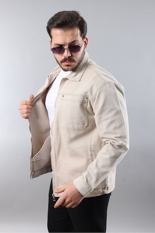 Erkek Regular Fit Bej Spor Model Fermuarlı Kot Ceket Bej