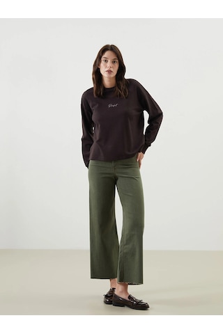 LC Waikiki Lcw Vision Kahverengi Bisiklet Yaka Nakışlı Oversize Kadın Sweatshirt Koyu Kahverengi