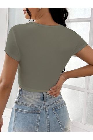 Rooted-kadın Kare & Havuz Yaka Crop T-shirt ,likralı Fitilli Kaşkorse Kumaş Mint