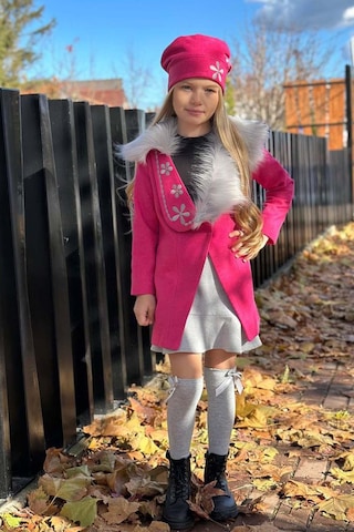 Riccotarz Kız Çocuk Yakası Kürk Ve Yonca Detaylı Etekli Fuşya Kaşe Fuşya