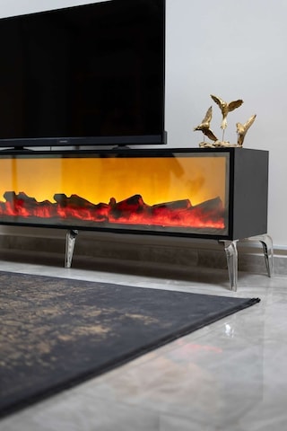 Leon Şömineli Tv Ünitesi 170 X 30 Antrasit Renkli Siyah Siyah