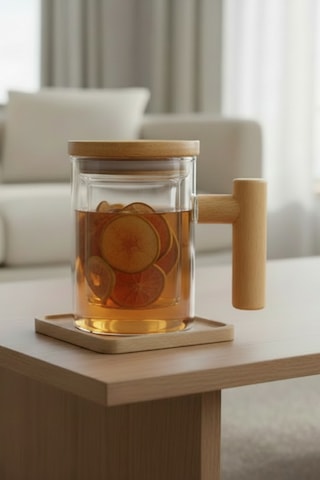 Ahşap Kulplu Ve Kapaklı Cam Süzgeçli Bitki Çayı Kupası 520 Ml Beyaz