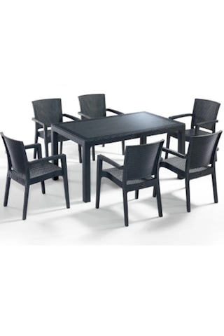 6 Kişilik Camlı Rattan Bahçe Balkon Masa Takımı Antrasit