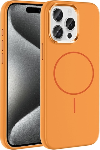 Apple Uyumlu iPhone 15 Pro Max Kılıf M-safe Şarj Özellikli Metal Kamera Çerçeveli Zore Edi Silikon Kapak Turuncu