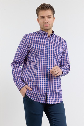 İmza Lacivert - Kırmızı Düğmeli Yaka Uzun Kol Cepli Comfort Fit Pamuk Gömlek 1004260177 2XL