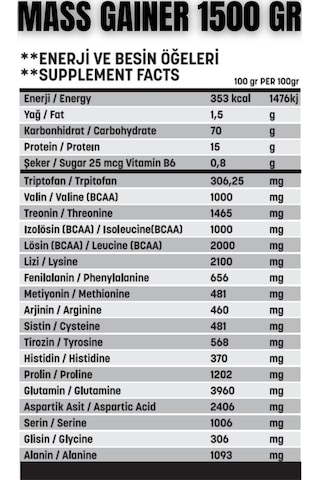 Mass Gainer 1500 Gr Çikolata Aromalı Yüksek Karbonhidrat & P...