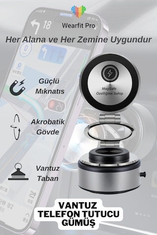 Wearfitpro Magsafe Özellikli Güçlü Mıknatıslı Vantuz Telefon Tutucu Ev Araç Her Zemine Uygun Telefon Tutucu Gri