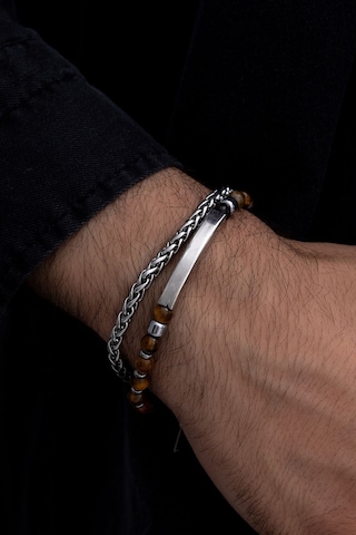 Vogutima İsim Yazılabilir Boncuk Ve Kral Zincir Detaylı Çelik Bileklik Gümüş