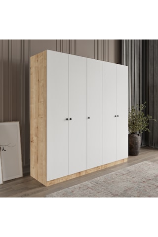 Afilli Yıldız 5 Kapaklı 2 Çekmeceli Giyinme Dolabı Tamamı Mdf Led Askılıklı Beyaz - Safir Meşe
