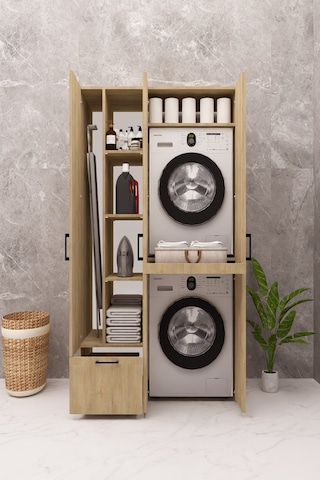 Mdf Çamaşır Makinesi Ve Kurutma Makinesi Dolabı Ütü Masalı Kapaklı Ahşap Lefkas Meşe