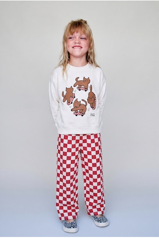 Magu Kız Çocuk Kedi Baskılı Ekru Sweatshirt Ve Kırmızı Dama Desenli Eşofman Takımı Çok Renkli