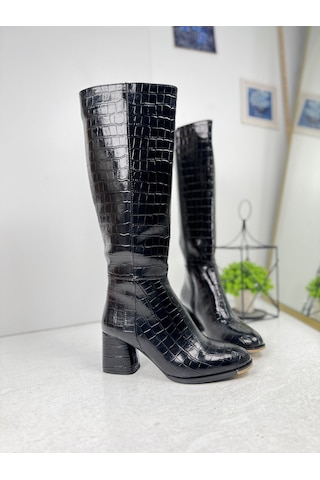 Günlük Kadın Yüksek Kalın Topuklu Fermuarlı Diz Altı Rahat Çizme 3001 Siyah Krokodil