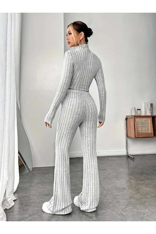 Kadın Uzun Kollu Balıkçı Yaka Krop Ve Pantolon Şardonlu Kaşkorse Ikili Takım Gri