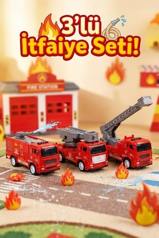 3'lü Metal Çek Bırak İtfaiye Araba Seti - Dayanıklı Diecast Oyuncak İtfaiye Araçları