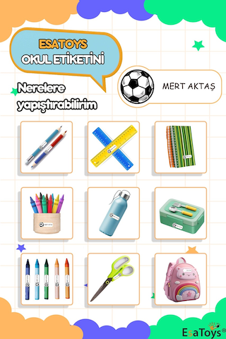 Futbol Topu Temalı Özel İsminiz Yazılı Okul Etiketi Diğer