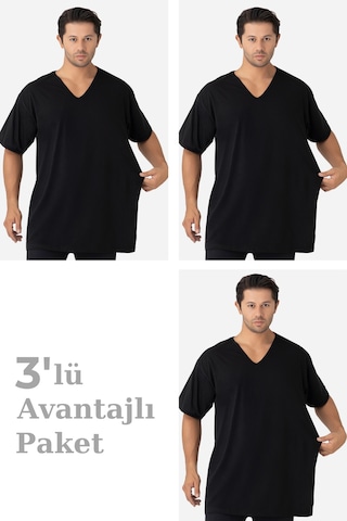 Arma Yıldız 3'lü Paket Siyah Erkek V Yaka Kısa Kollu Büyük Beden Tişört %100 Pamuklu Penye Siyah Melanj
