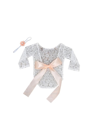 Bej Yenidoğan Bebek Kız Ilmek Yumuşak Dantel Romper Çiçek Kafa Bandı Fotoğraf Sahne Bej