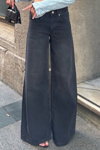 Balenbi Kadın Yüksek Bel Yıkamalı Jean Salaş Kesim Extra Wide Leg Kot Pantolon 1243 Füme W13