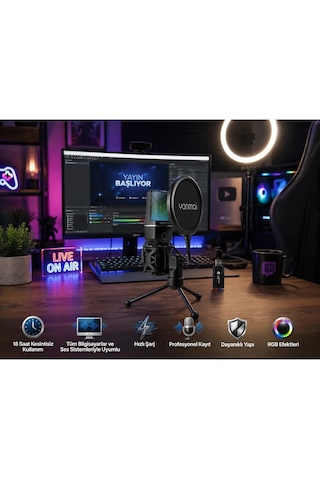 Profesyonel Rgb Yayın,stüdyo,oyun Kablosuz Kondenser Mikrofon,anc Gürültü Azaltma, 18 Saat Pil, Tripod Ve Pop Filtre Dahil