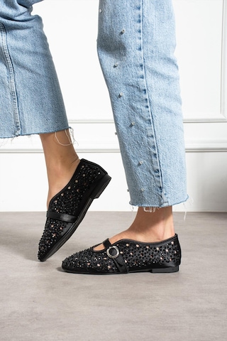 Shoetek Kewin Kadın Babet Önden Bantlı Full Taşlı Siyah Siyah