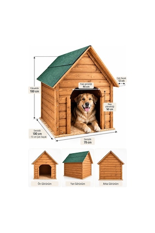 Reyo Büyük Boy Köpek Kulübesi, Lambiri Ahşap Şıngıl Çatılı Soğuk ve Rüzgara Dayanıklı Köpek Evi Demonte 100 x 100 x 78 CM