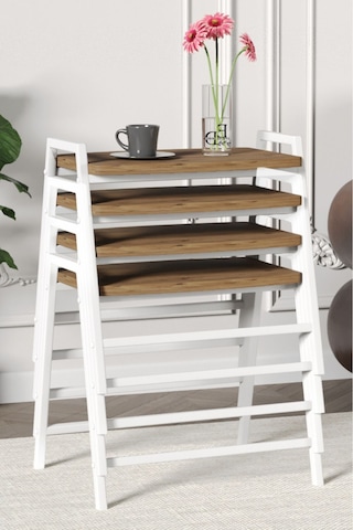 Zigon Sehpa , Aden 4'lü Tepsi Zigon Sehpa Takımı Beyaz Metal - Atlantik Çam Tabla Beyaz-atlantik Çam