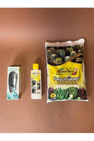 Kaktüs Ve Sukulent Bakım Seti 3'lü, Tropikal Kaktüs Ve Sukulent Toprağı 2,5 Litre, Tropikal Kaktüs Besini Sıvı Gübre 225 Ml, 4 Parça Kaktüs Dikim Alet