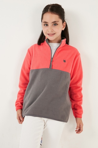 Lela Yumuşak Dokulu Yarım Fermuarlı Renk Bloklu Dik Yaka Unisex Çocuk Polar 5905004 Somon-Gri