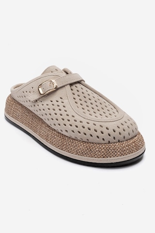 Luvishoes Vone Bej Süet Hakiki Deri Kemerli Burnu Kapalı Kadın Terlik