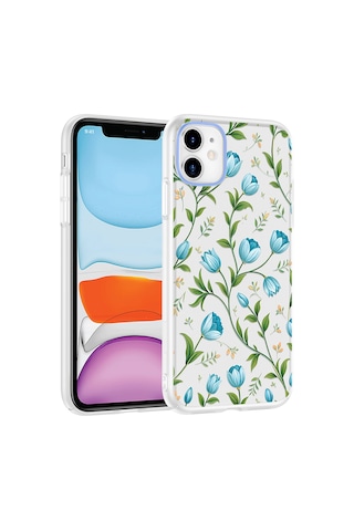 Apple Uyumlu iPhone 11 Kılıf Kamera Korumalı Desenli Zore Klip Kapak - Mavi Lale -