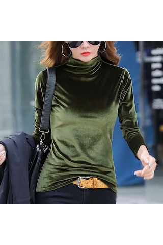 Askeri Yeşil Kış Sıcak Balıkçı Yaka Uzun Kollu Kadife Gömlek Yüksek Yaka İnce Zarif Lüks Kadife Bluz Bahar Üstleri Haki