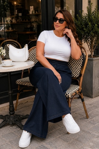 Cedy Denim Kadın Büyük Beden Yüksek Bel Palazzo Pantolon Yazlık İnce Kumaş Terletmez Likralı C633 Lacivert