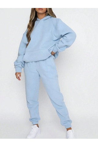 Basic Düz Eşofman Takımı Sweatshirt Jogger - Bebe Mavi Oversize Şardonlu Kapüşonlu Bej