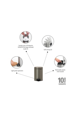 Tret Çöp Kovası, İç Kovalı, Plastik, Çelik, Çelik, Gri Platinum , 3 Liter