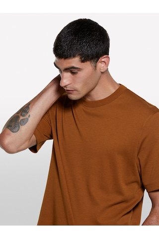 %100 Pamuk Nervürlü Bisiklet Yaka T-shirt Erkek Kahverengi T-shirt - 325a3ynvs104q Kahverengi