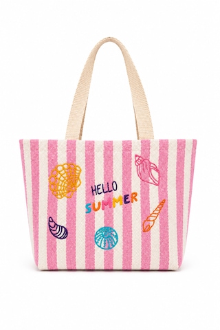 İcone Bag Çocuk Plaj Çantası, Nakışlı Çizgili Kız Plaj Çantası, Kids Beach Bag, Lila Çizgili Çocuk Plaj Çantası Pembe