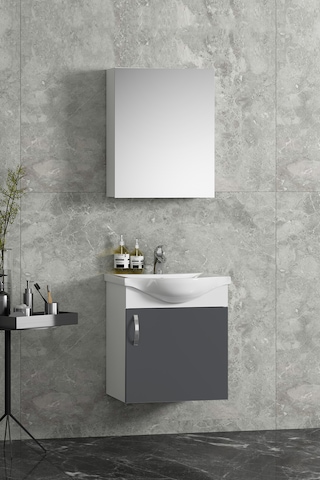 Yıldız 45 Cm Beyaz-antrasit Gri Mat Mdf Seramik Lavabolu Asma Banyo Dolabı Takımı