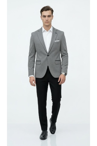 Erkek Siyah Slim Fit Blazer Ceket Tek Düğme Çift Yırtmaç Kollu Yamalı Siyah