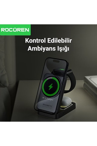 Rocoren 3 Ü 1 Arada Apple Uyumlu iPhone Airpods Watch Magsafe Kablosuz Şarj Cihazı Stand