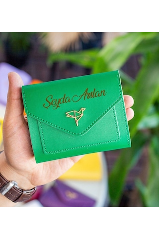 Bk Gift Kişiye Özel İsimli Vegan Deri Mini Yeşil Kadın Cüzdanı, Sevgiliye Hediye, Anneye Hediye, Arkadaşa Hediye