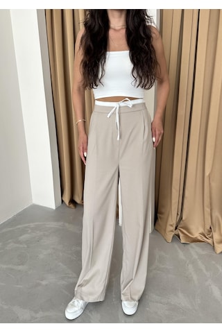 Taş Bel Bantı Detaylı Yan Fermuarlı Pantolon Taş