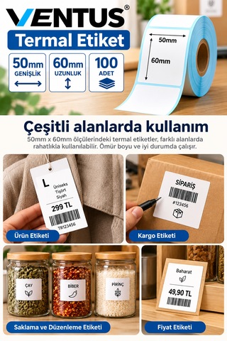 Ventus 50mmx60mm Termal Etiket 1 Rulo 100 Etiket