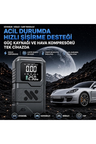 Ally 4 İn1 Jump Starter Lastik Sisirme Pompası Ve Powerbank Özellikli Starter Akü Takviye Seti