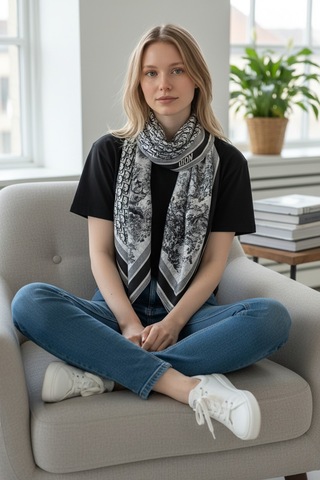 Miorel Scarfs Safari Tema Çift Taraflı Vual İpek Eşarp Silk Scarf Hijab Aksesuar Fular Cd Desen Siyah